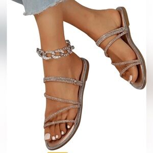 New Women's Rhinestone Decorated Flat Sandals Size US 5 - 6 36 CN